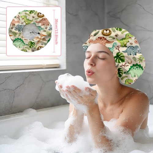 Dinosaurs Leaves Reusable Shower Cap Cute Double Layer Waterproof Shower Caps Large Elastic Hair Cover Adjustable Hair - Drying Caps for Woman Bath SPA Travel One Size Fits Most - color: Dinosaurs Leaves