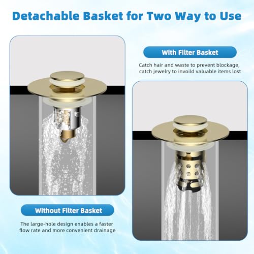Universal Bathroom Sink Drain Stopper Hair Catcher, Brushed Gold | Upgraded with 2-Layer Detachable Filter Basket, 4 in 1 Pop Up Drain Strainer, Anti-Clog, Fit for 1.1''~2.36'' Sinks - color: Brushed Gold Finish