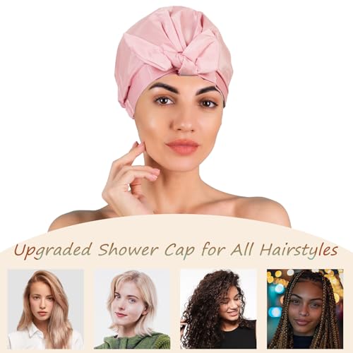 Shower Cap for Women Reusable Waterproof, Large Satin Shower Bonnet, Washable Bath Hat for Long Hair, Braids, Curly Hair, Pink - color: Pink