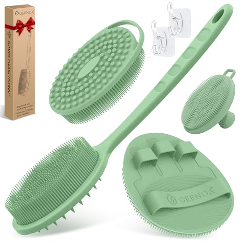 Silicone Back/Body/Face Scrubber & Soft Bath Glove Set 4PCS, Gentle Exfoliating Back & Body Scrubber with Dual-Side Brush Head, Hand-fit Bath Glove & Face Scrubber for Deep Cleaning(Green-4PC) - color: Green*4