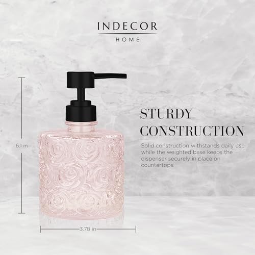 Marcella Glass Soap Dispenser with Soap Pump, Refillable 14 Ounce Capacity, Floral Design Rose Patterns, Heavy Weight Thick Glass for Bathroom, Premium Kitchen Soap Dispenser Peach Blush - color: Peach Blush