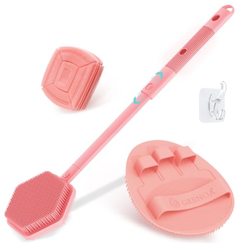 Silicone Back/Face Scrubber & Bath Glove Set 3PCS, Extendable Back Scrubber with Dual-Side Large Head, 360° Anti-Slip Bath Glove, Unique Side-Bristle Face Scrubber for All-Round Cleaning(Pink) - color: Pink*3