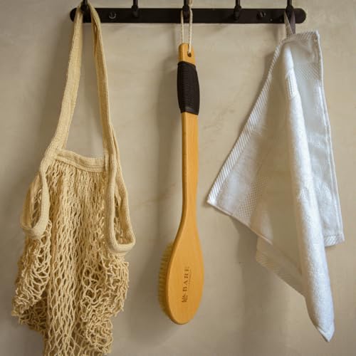Bare Botanics 17" Extra Long Dry Body Brush - Medium Firmness Back Scrubber | Ergonomic Curved Handle with Silicone Grip and Hang Rope | Natural Bristles | For Shower Use - size: Long Back Brush