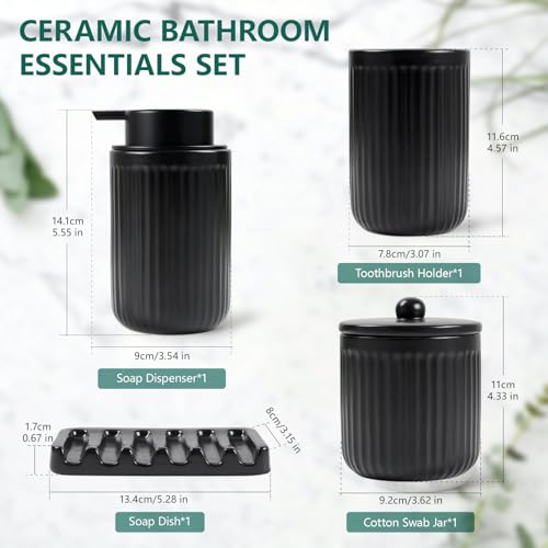 BosilunLife Black Bathroom Accessories Set - Ceramic Bathroom Counter Soap Set Bathroom Decor Sets Accessories Bathroom Lotion Soap Dispenser and Toothbrush Holder Set, Soap Dish, Apothecary Jars - color: Black-foam