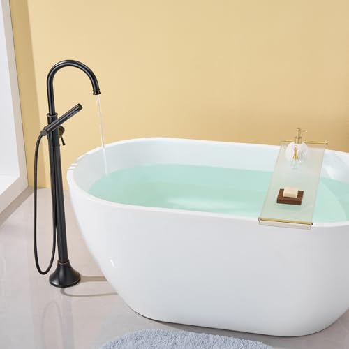 Wowkk Free Standing Tub Faucet Oil Rubbed Bronze Freestanding Bathtub Faucet Floor Mount Brass Bathroom Tub Filler with Hand Shower - color: Oil Rubbed Bronze, style: Modern