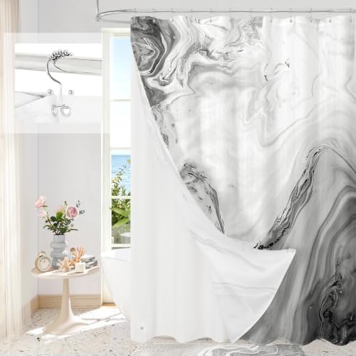 3 in 1 Grey Marble Shower Curtain Set, Modern Ripple Shower Curtain and PEVA Liner Set with 12 Stainless Steel Shower Curtain Hooks, Waterproof Fabric Shower Curtains for Bathroom, 72 W x 72 H - color: 3 in 1 - Grey, size: 72"W x 72"L (Pack of 1)