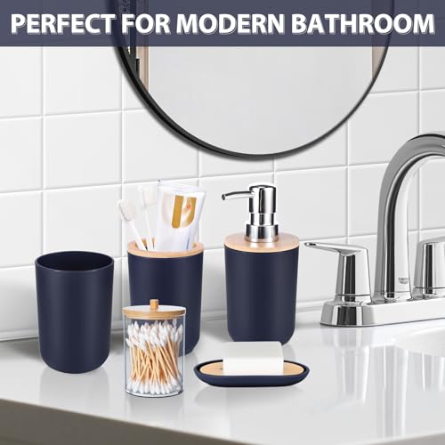 iMucci Bathroom Accessories Set 5Piece Navy Blue Bathroom Sets, Toothbrush Holder, Toothbrush Cup, Lotion Soap Dispenser, Soap Dish and Qtip Holder Bathroom Decor - style: Navy Blue