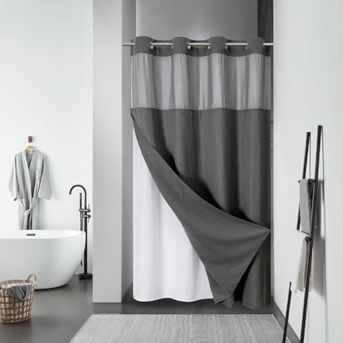 eachope Charcoal No Hook Waffle Weave Shower Curtain with snap-in Liner Replacement, 230GSM Waterproof Fabric Hotel Shower Curtain Set for Bathroom, Through Mesh Top Window,60Wx74H - color: Charcoal, size: 60"W x 74"L (Pack of 1)