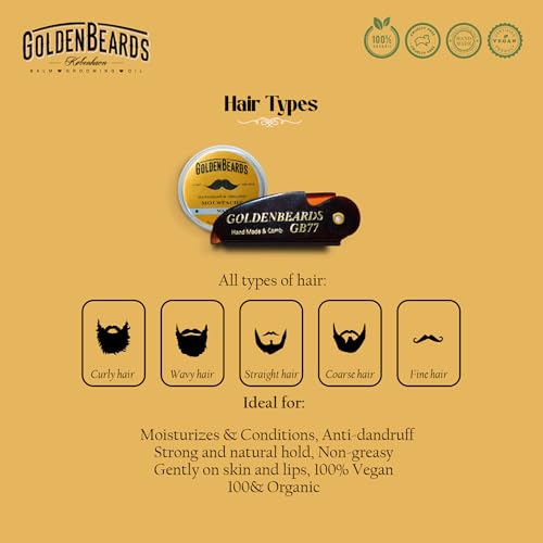 Golden Beards Mustache Wax with GB-77 Folding Comb – Organic & Natural Styling Wax for Men – Strong Hold, Vegan, Cruelty-Free Grooming Kit - style: Folding Comb