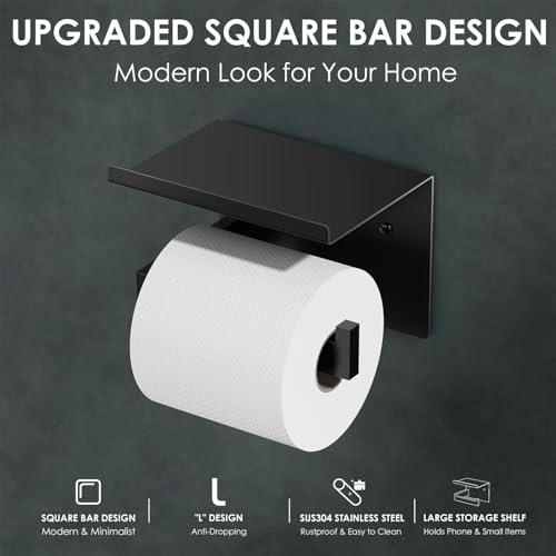Auxmir Self Adhesive Toilet Paper Holder with Shelf, Premium SUS304 Stainless Steel Rustproof Wall Mounted Toilet Roll Holder, Toilet Tissue Holder for Bathroom Shower Washroom Kitchen RV, Black - color: Tp Holder With Shelf-black