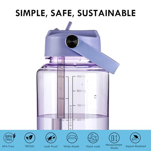 OLDLEY 32oz Water Bottle with Straw,Leakproof Tritan Clear Bottle with Marked Bottle and Carry Handle,BPA-Free Wide Mouth Reusable Sports Water Bottle for Gym,Hiking,Camping,Travel,Workout,Lilac Mist - color: Lilac Mist