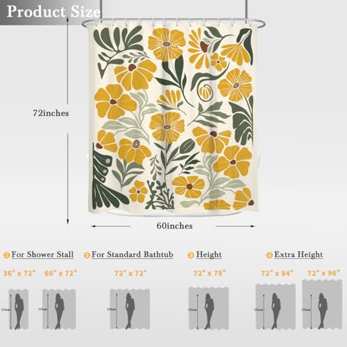 Modern Boho Floral Shower Curtain, Abstract Yellow and Green Wildflower Print on Cream Polyester Fabric, 60x72 Inch with 12 Hooks - color: Yellow, size: 60"W x 72"L (Pack of 1)