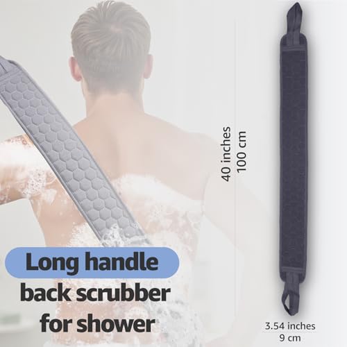 Back Scrubber for Shower with Handles, 40 Inch Extra Long Double-Sided Exfoliating Bath Strap, Textured Body Washer with Extended Reach for Deep Cleaning (Grey) - color: Grey