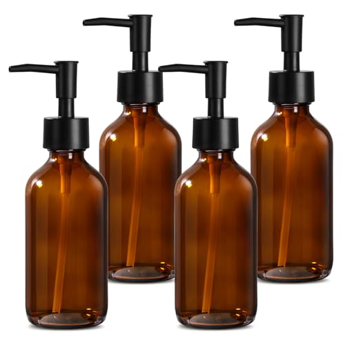 RYTOXILO 8 fl oz Amber Glass Soap Dispenser 4 Pack, Brown Glass Bottle with Pump, Refillable Round Hand Soap Dispensers Bathroom for Soap, Lotion, Oil, Shampoo