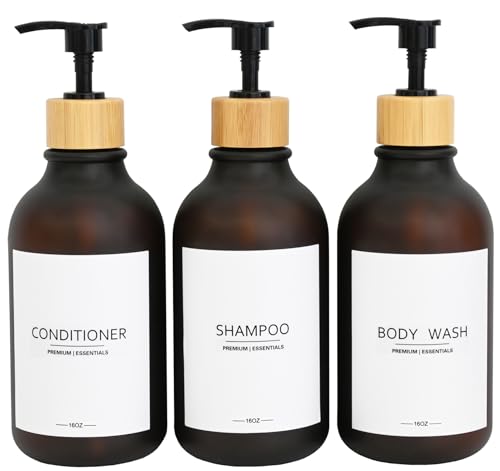 Frosted Plastic Shampoo and Conditioner Bottles, Apothecary Dispenser Bamboo Pump, Refillable Bottles for Shower Lotion, Oil, Hand Soap, Sanitizer, Liquid Soap, Set of 3 with 9 Labels (3, Matte Amber) - color: Matte Amber
