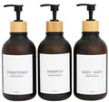 Frosted Plastic Shampoo and Conditioner Bottles, Apothecary Dispenser Bamboo Pump, Refillable Bottles for Shower Lotion, Oil, Hand Soap, Sanitizer, Liquid Soap, Set of 3 with 9 Labels (3, Matte Amber) - color: Matte Amber