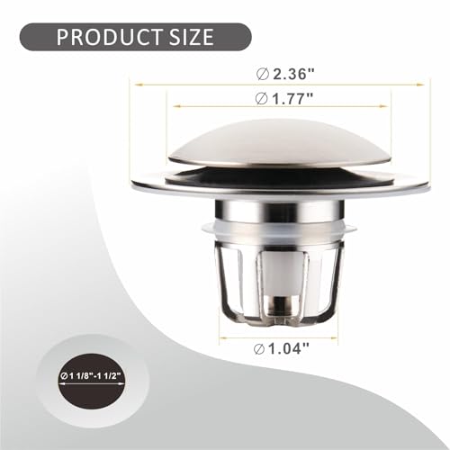 Brushed Nickel Bathroom Sink Stopper Replacement, Wellup Universal 2-in-1 Bathroom Sink Drain Stopper for 1 1/8"-1 1/2" Sink Drain Hole, Pop Up Sink Stopper Strainer with Hair Catcher - color: Brushed Nickel