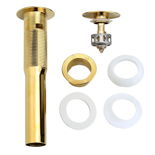 Rockgoya Bathroom Sink Drain, 2 Pack Gold Drain Stopper Bathroom Sink with Overflow, Pop Up Drain Assembly with Detachable Strainer Basket, Built-in Anti-Clogging Strainer,Stainless Steel - color: Gold-2 Pack, style: With Overflow