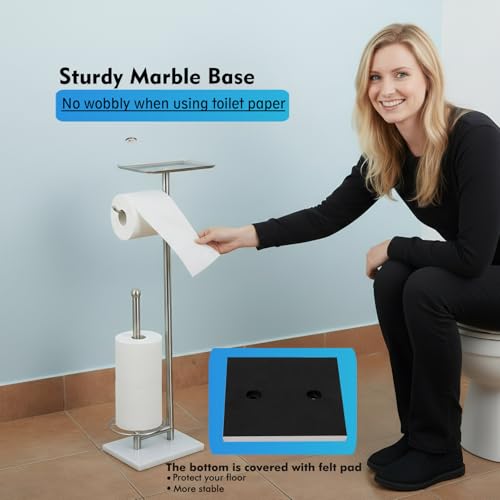 Toilet Paper Holder with Shelf, Free Standing Toilet Paper Holder with Storage - Toilet Paper Stand for Holding Extra 3 Rolls, Tissue Holder for Bathroom (Brushed Nickel with Marble Base) - color: Brushed Nickel With Marble Base
