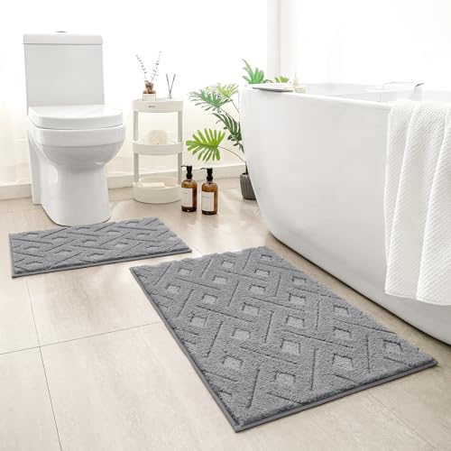 HOMEIDEAS Grey Bathroom Rug Set 2 Piece, Soft Microfiber Tufted Bath Mats, Super Absorbent Non Slip, Machine Washable Bathroom Rugs for Tub, Shower and Floor, 20" x 32" Plus 16" x 24" - color: Grey