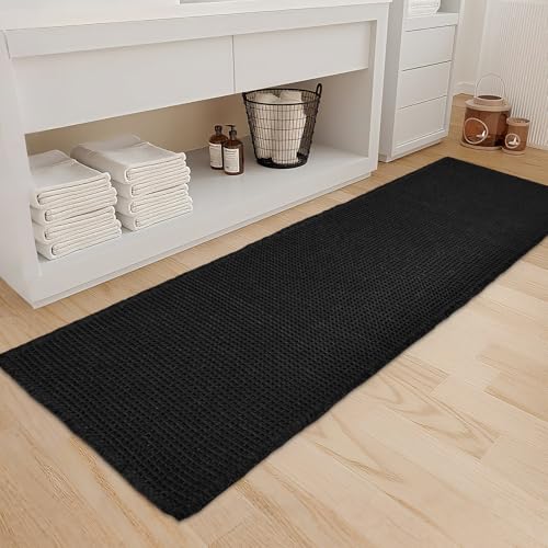 ZALL Waffle Bath Mat Black Super Absorbent Non Slip Bathroom Rug,Rhombus Geometric 24X72inch,Machine Washable Ultra Soft Floor Mats - color: Black, size: 24 x 72 inches(Rectangular)