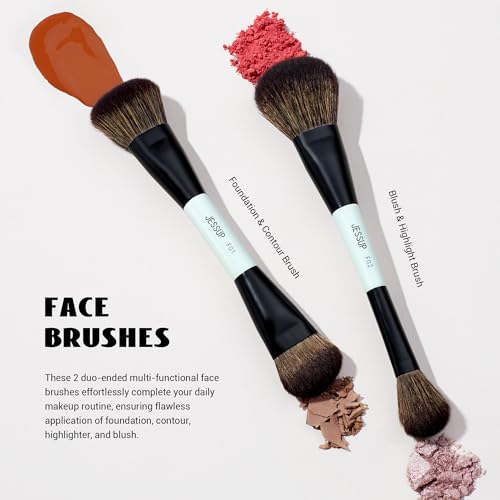 Jessup Makeup Brush Set 6pcs Double Sided Makeup Brushes Foundation Contour Blush Highlight Blending Eyebrow Brush Eyeshadow Brush, Vegan Fiber Make up Brush Bright Cyan T501 - style: T501-6pcs