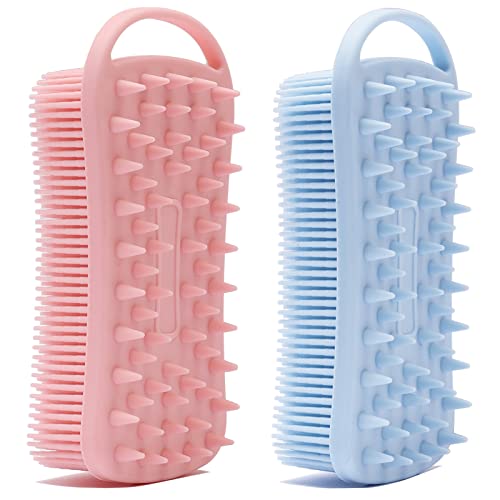 MtBoi 2 PC Silicone Body Scrubber, 2 in 1 Exfoliating Shower Bath Scrubber, Soft Silicone Loofah for Sensitive Skin, Shower Hair Scalp Massager, Easy to Clean, Lather Well (Pink&Blue) - color: Blue&pink