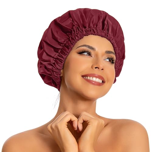 Edoneery Reusable Shower Caps for Women, Waterproof Long Hair Bonnet | Washable Design, Wide Elastic Band, Large Fit, Holds Long Hair, Braids Friendly, Bath Accessories, Spa, Travel - color: Burgundy