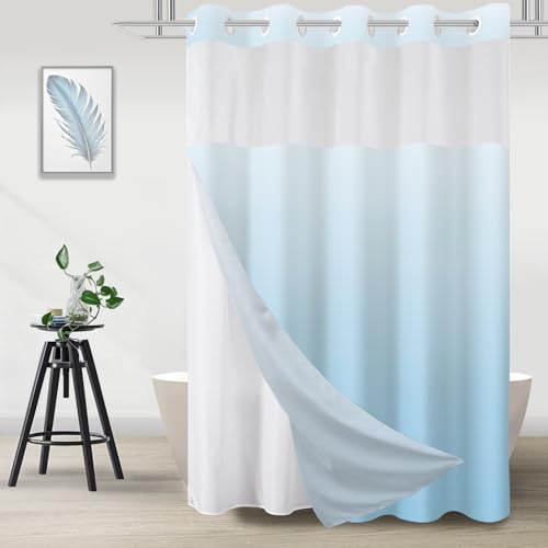 No Hook Shower Curtain with Snap in Liner, Ombre Sky Blue Shower Curtains and Liner Set, Hotel Fabric Bath Curtain for Bathroom, Mesh Top Window Waterproof Washable, 71" x 74" - color: Ombre Sky Blue, size: 71"W x 74"L (Pack of 1)