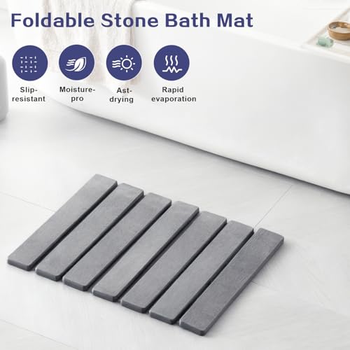 15.76 Inch Foldable Stone Bath Mat, Super Absorbent Diatomaceous Earth Mat, Dark Grey Easy Clean Rollable Drying Mat, Non-Slip Quick Dry Stone Bath Mats for Bathroom Kitchen Outdoor - color: Dark Grey, size: 12" x 1'4" (Rectangular)