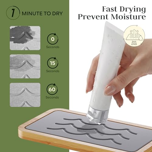 Water Absorbing Stone Tray for Sink, Kitchen Sink Caddy Organizer, Diatomite Bathroom Vanity Counter Tray, Soap Dispenser Sponge Holder, Fast Drying Stone Faucet Mat with Bamboo Tray - color: Dark Gray