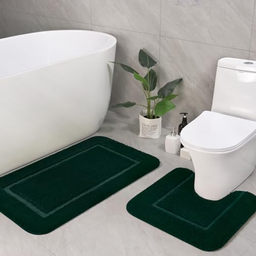 LOCHAS Bathroom Rug Set Hunter Green, Soft Bath Rug Set 2 Piece Set, Toilet Mat U-Shaped 20x20 and 34x20 Bath Rugs, Quickly Dry Mats for Bathroom, Tub, Washable, Super Absorbent Floor Mat - color: Hunter Green, size: 34" x 20" Plus 20" x 20" (U-Shape)