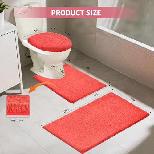Bathroom Rugs Sets 3 Piece with Adjustable Toilet Seat Cover 17.5"x 15" Machine Washable Bath Rug Set with TPR Non Slip Rubber Backing Solid Bath Mat Set for Luxury Bathroom Decoration - color: Hot Coral