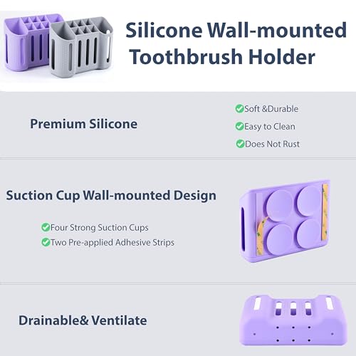 Wall-Mounted Silicone Toothbrush Holders for Bathrooms, Electric Toothbrush, Shaver and Toothpaste Holder, Multiple Slots, Suction Pad& Adhesive Tape, Bathroom Organizer, Bathroom Accessories (Purple)