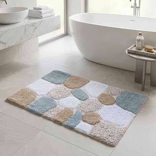 THE BEER VALLEY Pebble Stone Bath Rug 21x32 Inches - Grey Beige | Non Slip Cotton Accent Rugs for Bathroom, Washable Absorbent Bath Floor Mat - color: Grey/Beige, size: 21 x 32 inches
