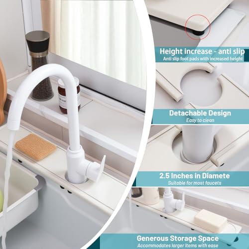 Faucet Mat for Kitchen Sink with Raised Feet, Fast Drying Diatomite Stone Sink Tray, Water Absorbent Faucet & Sink Splash Guard, Prevents Moisture Buildup, Durable Protector for Bathroom Counter - color: White Gray Style 2, size: 23.7" x 4"