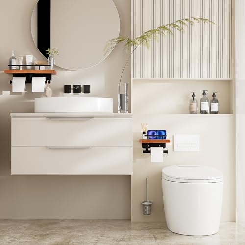 Toilet Paper Holder with Wood Shelf, Wall Mount Toilet Paper Roll Holder with Wooden Shelf and Matte Black Stainless Steel Pipe, Tissue Roll Holder for Bathroom Washroom (Dark Brown, 13.8'' x 5.9'') - color: Dark Brown, size: 13.8'' x 5.9''