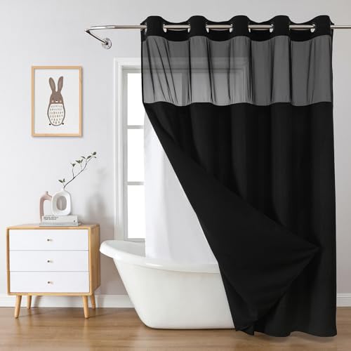 eachope Black No Hook Waffle Weave Shower Curtain with snap-in Liner Replacement, 230GSM Waterproof Fabric Hotel Shower Curtain Set for Bathroom, Through Mesh Top Window,71Wx77H - color: Black, size: 71"W x 77"L (Pack of 1)
