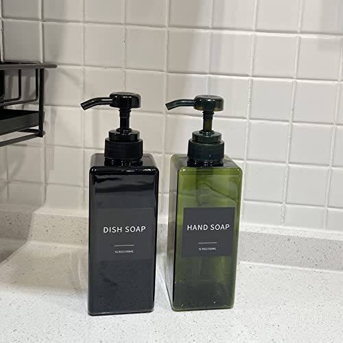 Green Soap Dispenser with Waterproof Labels, Thickened Plastic Hand Soap Dispenser for Bathroom, Kitchen Dish Washing Liquid Bottles, Shampoo and Conditioner Bottles with Funnel (16oz 2Pack Green) - color: 2 Green