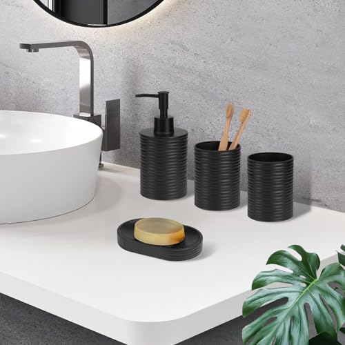 Plastic Bathroom Accessories Set 4Pcs, Black Bathroom Accessory Set Includes Liquid Soap Dispenser with Rust-Proof Plastic Pump, 2Pcs Bathroom Cup, Soap Dish for Modern Home Apartment - color: Black