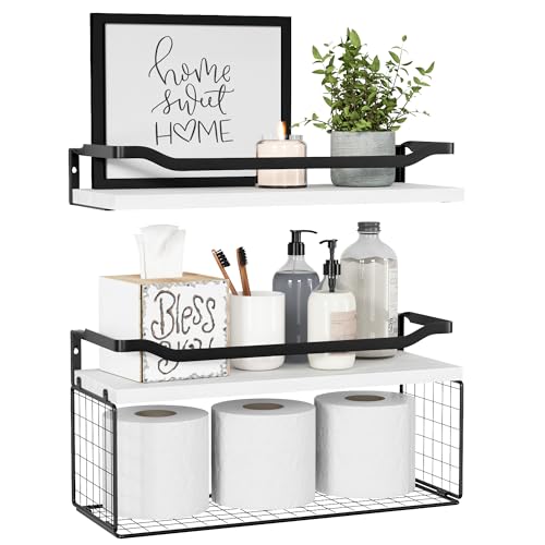 WOPITUES Floating Shelves with Wire Storage Basket, Bathroom Shelves Over Toilet with Protective Metal Guardrail, Wood Wall Shelves for Bathroom Organizers and Storage, Toilet Paper-White - color: White