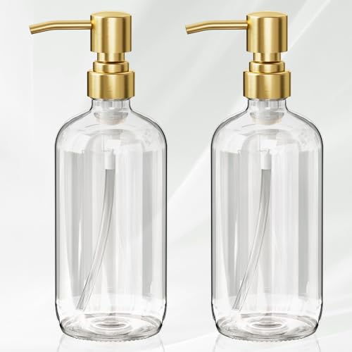 AmazerBath Soap Dispenser, 2 Pack Glass Soap Dispenser with Pump Stainless Steel, 17 Oz Clear Gold Hand Soap Dispensers for Bathroom and Kitchen - color: Cear & Gold