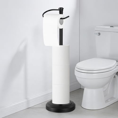 Black Toilet Paper Holder Free Standing, 25" H 304 Stainless Steel Toilet Paper Stand for Bathroom，Weighted Base Floor Tissue Roll Holder,Toilet Roll Stand - color: Black