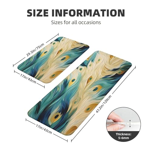 Peacock Blue Feather Art Kitchen Rugs Mats Set of 2 Pcs Non-Slip Floor Mats Washable Runner Rugs Set for Bathroom Laundry Hallway Kichen Comfort Standing Mat - color: Peacock Blue Feather Art