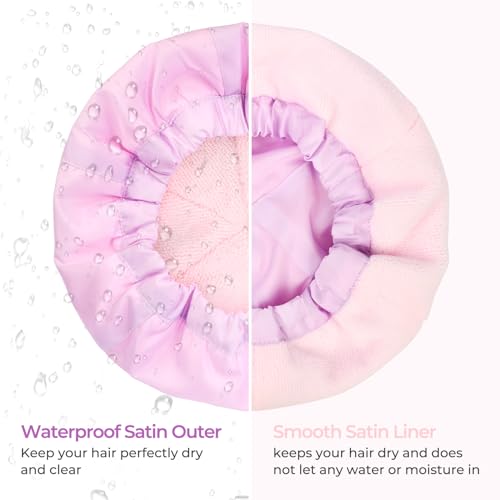 Shower Cap for Women Terry Lined Bath Cap Large Reusable Waterproof Elastic Band Pink Shower Caps for Long Thick Hair Soft Bath Shower Hair Caps - color: PURPLE