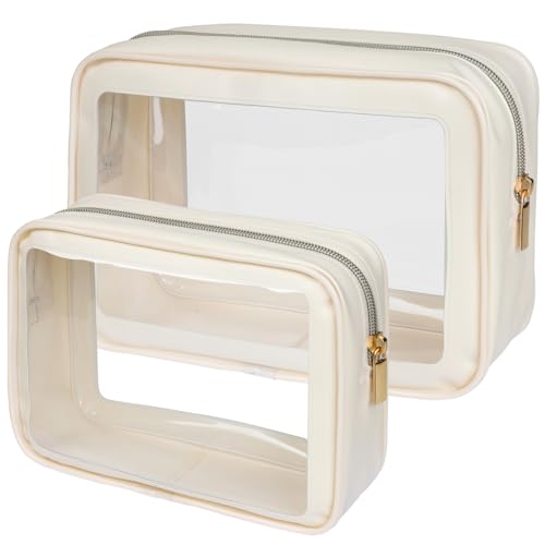 PACKISM Clear Makeup Bag Foldable - TSA Approved Toiletry Bag for Travel | Metal Zipper, Reinforced Seam, Water Resistant, Medium for Carry-on, Large for Checked Luggage, for Car Storage Organizer - color: 2 Pack Beige, size: Hybrid Traveler (1 Large & 1