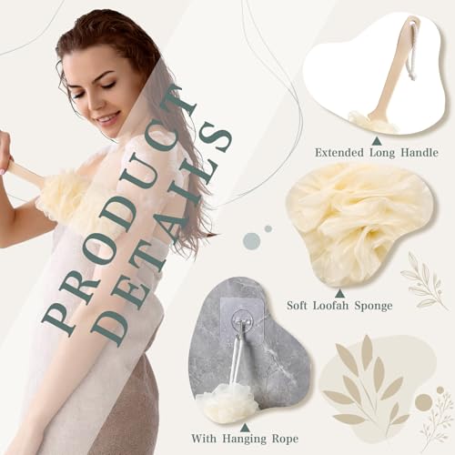 4 Pcs Back Scrubber Showers Set Bath Sponge Loofah Back Scrubber for Men Women Bathing Accessories Includes 1 Long Handled Shower Sponge 1 Bath Shower Luffa Pouf 2 Hooks to Hang Stuff