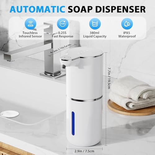 Fantictas Automatic Foaming Soap Dispenser Touchless, 4 Adjustable Levels | Foam Soap Dispenser 380ML, USB Charging Wall Mount for Kitchen & Bathroom, IPX5 Waterproof - color: White