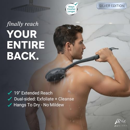 Avilana Silicone Body Scrubber for Shower – SGS Certified Food Grade Dual Sided Bath Brush, Gentle Exfoliating Silicone Loofah Alternative, Sensitive Skin Body Brush (Dark Gray-Silver, Long Handle) - color: Dark Gray-silver, size: 19 inches
