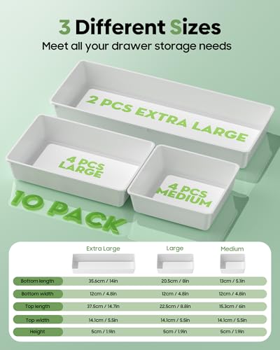 10 Pack Large Size Plastic Drawer Organizers Set, 3 Sizes Desk Drawer Organizer Trays, Storage Bins for Vanity, Makeup, Bathroom, Kitchen Utensils and Office (White) - color: White